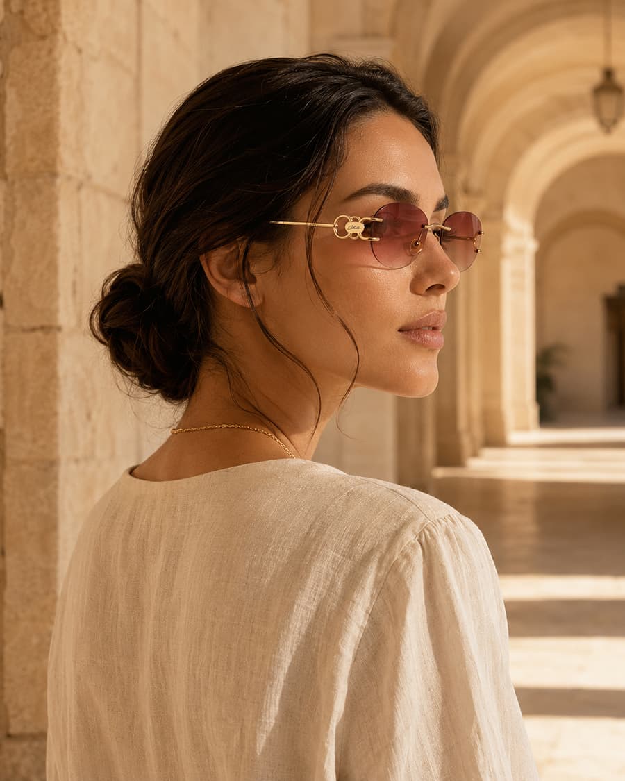 Close profile view of a Celeste cat-eye frame in soft sunlight