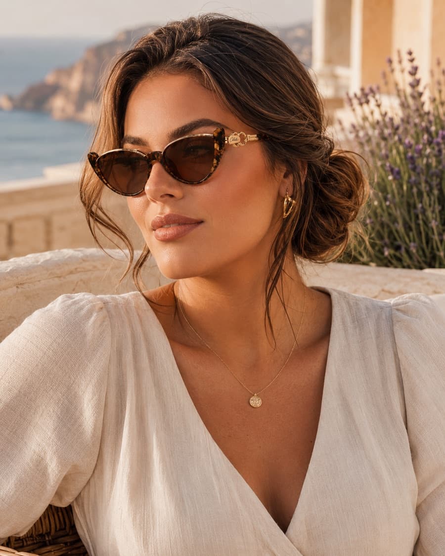 Model wearing dark Celeste eyewear beneath a sunlit archway